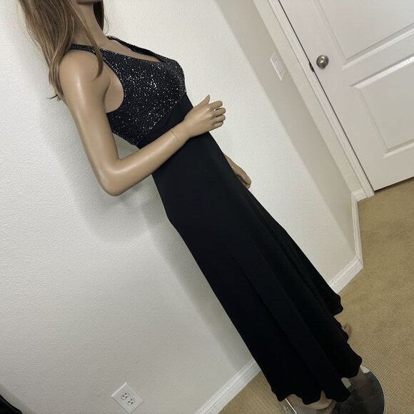 Bieff Basix Long Dress Sz 4 Black Silk Beaded Evening Formal Gown Dark Romance - Picture 6 of 11